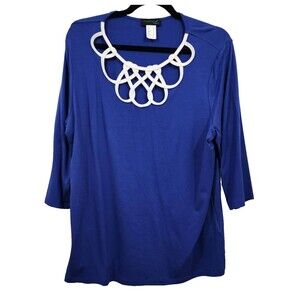 Creation L White Inset Lacework Neck Tunic Top Royal blue 3/4 sleeve Greece Sz12